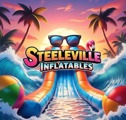 cartoonish logo that says steeleville inflatables with202 1755 1 The Misting zone